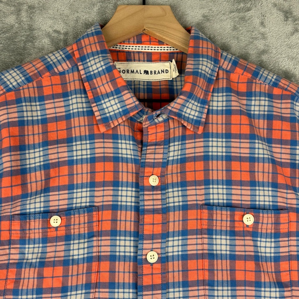 The Normal Brand Shirt Mens Large Orange Blue Plaid Flannel Work Pockets Outdoor - Picture 5 of 11